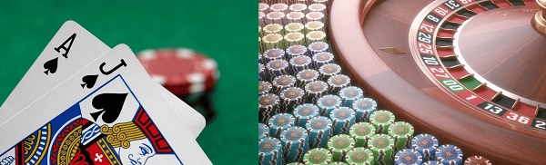 Spelkort och spelmarker i blackjack samt hjul och spelmarker i roulette